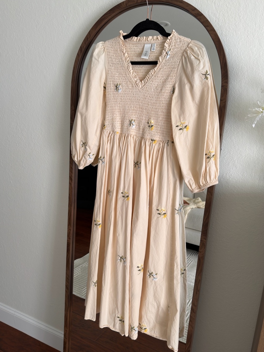 ASOS Cream Smocked Midi Dress with Yellow Floral Embroidery